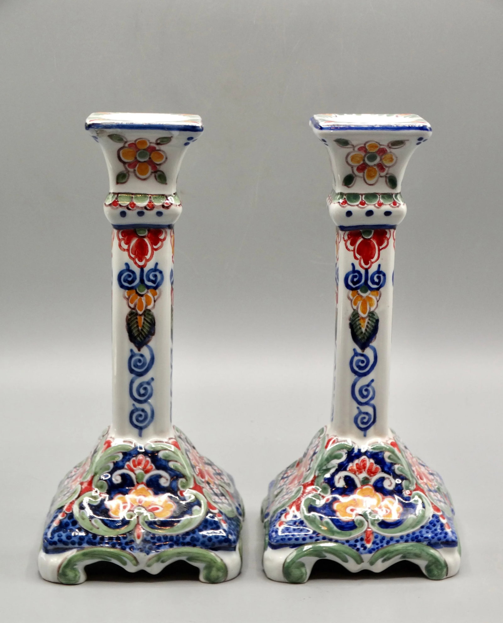 Dutch Delft Makkum Polychrome Candle Holders, a Pair - 8