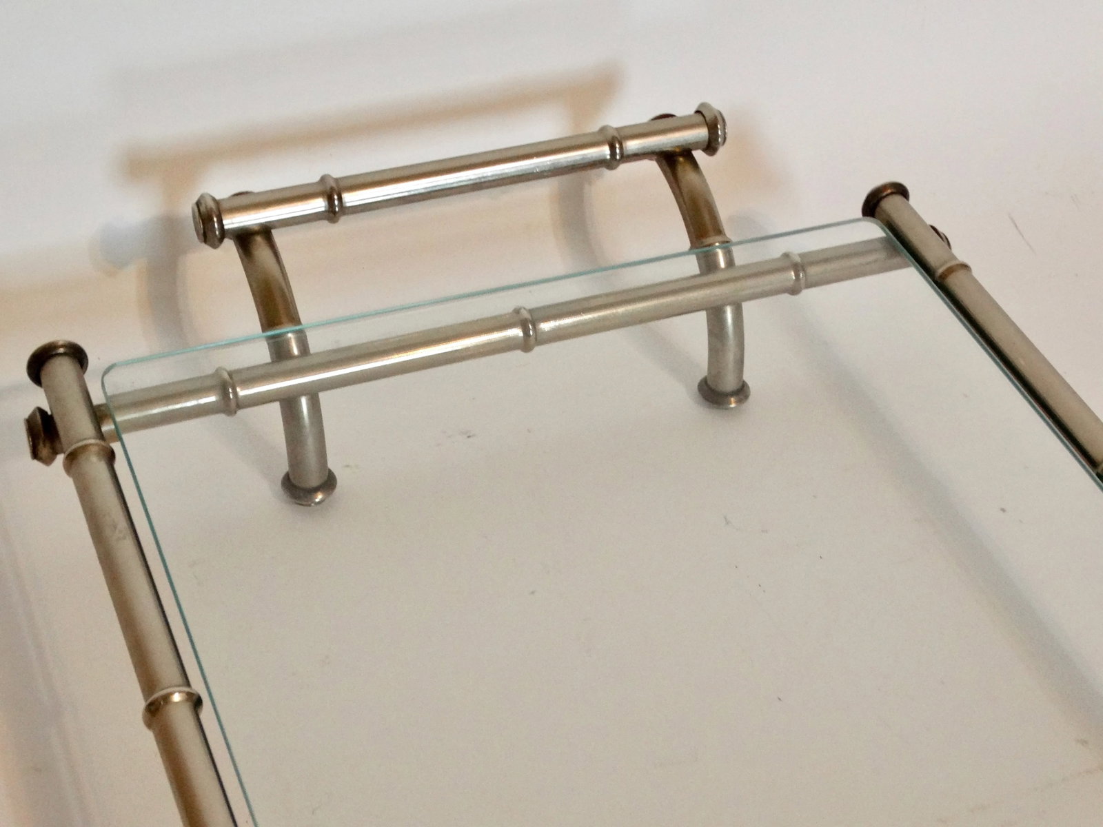 Mid Century Modern Silver & Glass Faux Bamboo Serving Drinks Cocktail Tray - 10