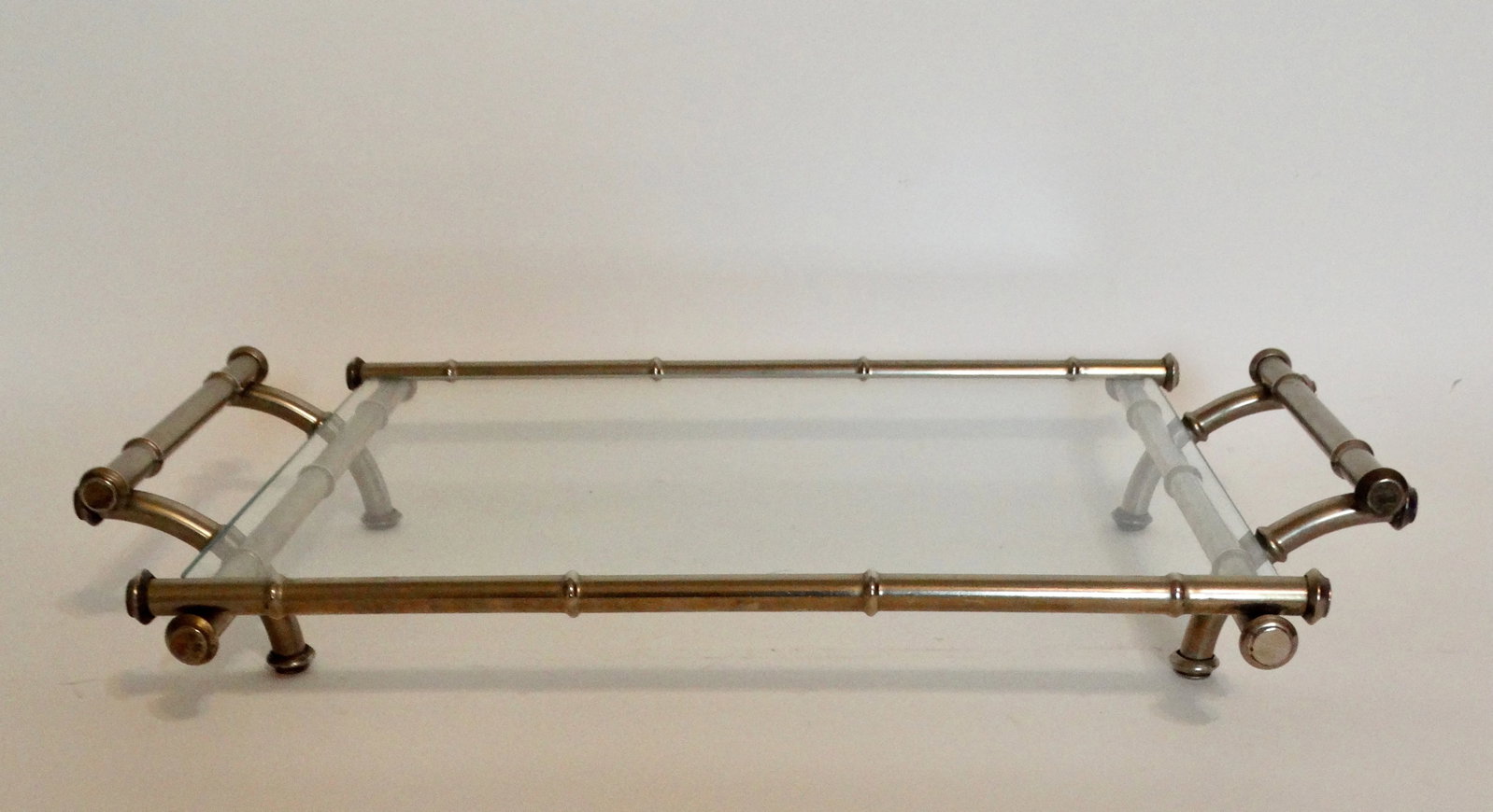 Mid Century Modern Silver & Glass Faux Bamboo Serving Drinks Cocktail Tray - 11