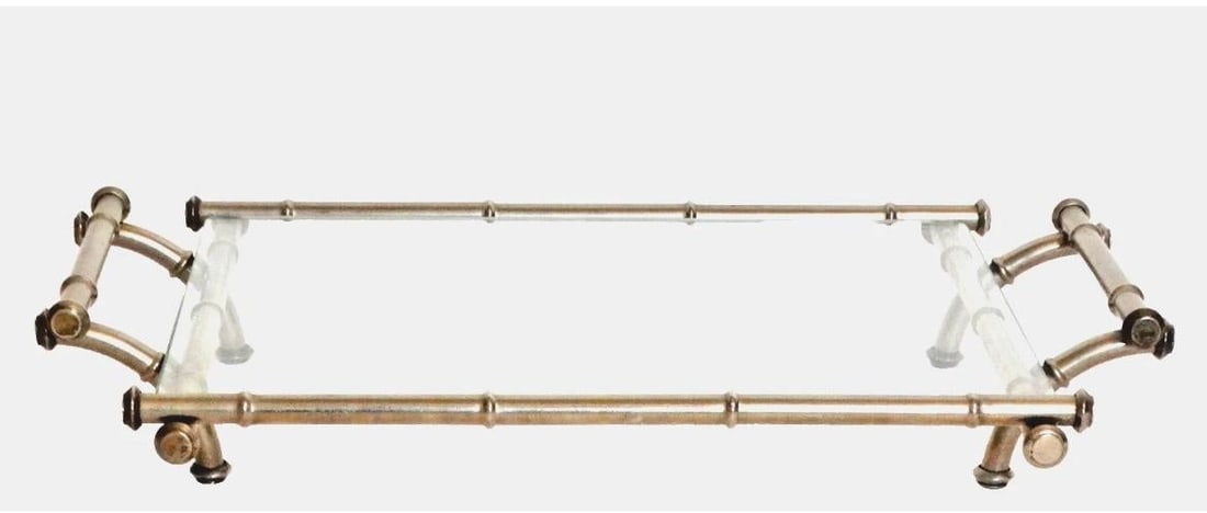 Mid Century Modern Silver & Glass Faux Bamboo Serving Drinks Cocktail Tray - 2