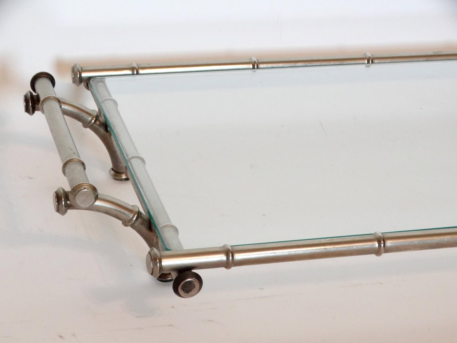 Mid Century Modern Silver & Glass Faux Bamboo Serving Drinks Cocktail Tray - 3