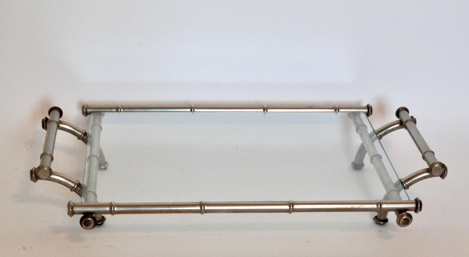 Mid Century Modern Silver & Glass Faux Bamboo Serving Drinks Cocktail Tray - 4