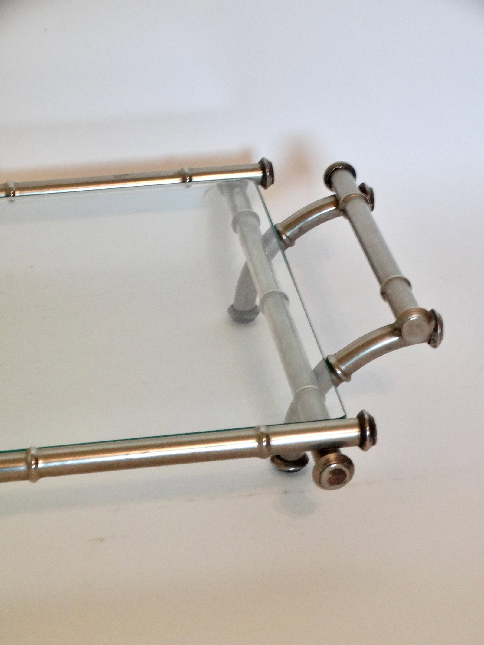 Mid Century Modern Silver & Glass Faux Bamboo Serving Drinks Cocktail Tray - 5