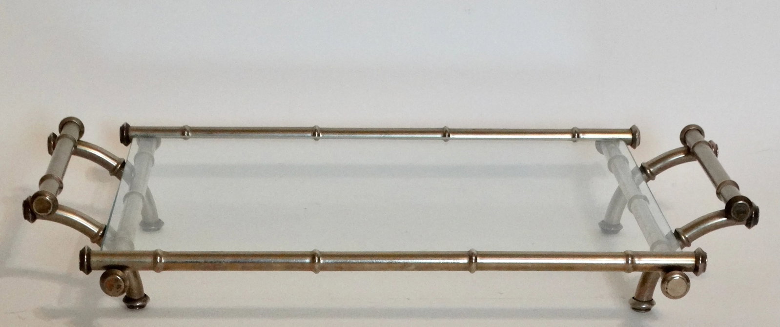 Mid Century Modern Silver & Glass Faux Bamboo Serving Drinks Cocktail Tray - 6