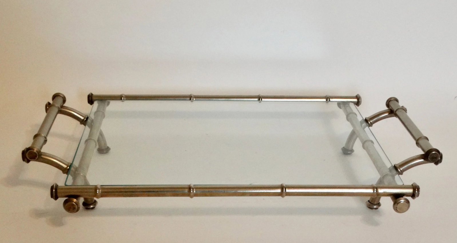 Mid Century Modern Silver & Glass Faux Bamboo Serving Drinks Cocktail Tray - 7