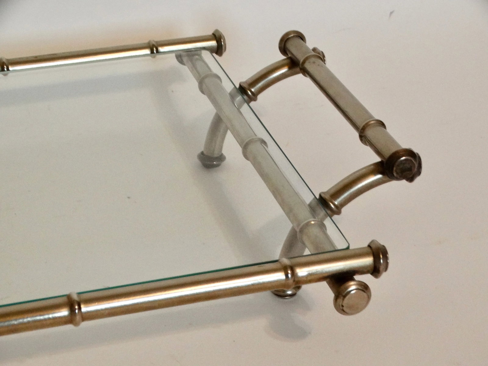 Mid Century Modern Silver & Glass Faux Bamboo Serving Drinks Cocktail Tray - 8
