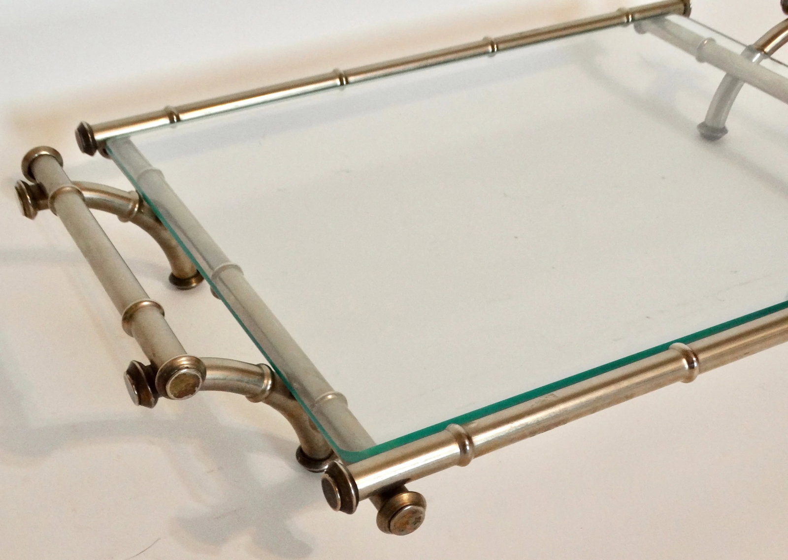 Mid Century Modern Silver & Glass Faux Bamboo Serving Drinks Cocktail Tray - 9