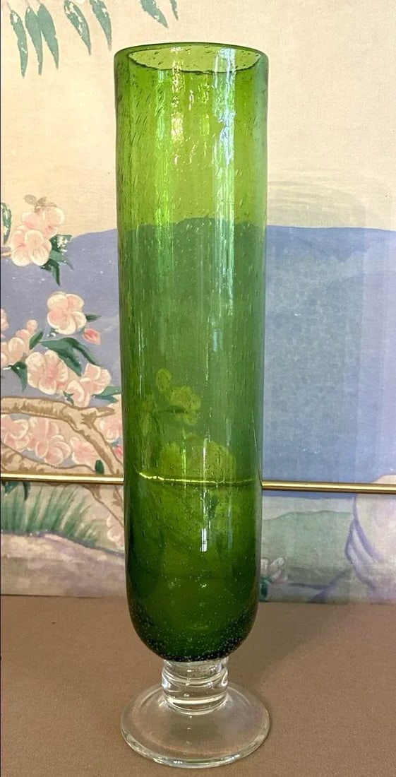 1970s Tall Cylindrical Green Glass Vase - 2
