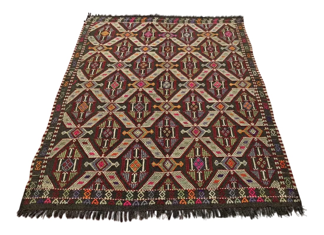Vintage Tribal Kilim Rug - 53" X 72": This beautiful, vintage, handwoven kilim is approximately 50 years old. It is handmade, of very fine quality hand spun wool in all natural colors. It has been professionally cleaned and is ready to