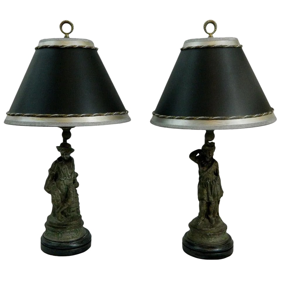 19th Century Pewter Figurines Adapted as Lamps - a Pair: Pair of 19th century pewter figurines adapted as lamps with custom painted shades and hi-lo switches. Condition: Alterations: Original Condition Unaltered Imperfections: Some Imperfections Condition