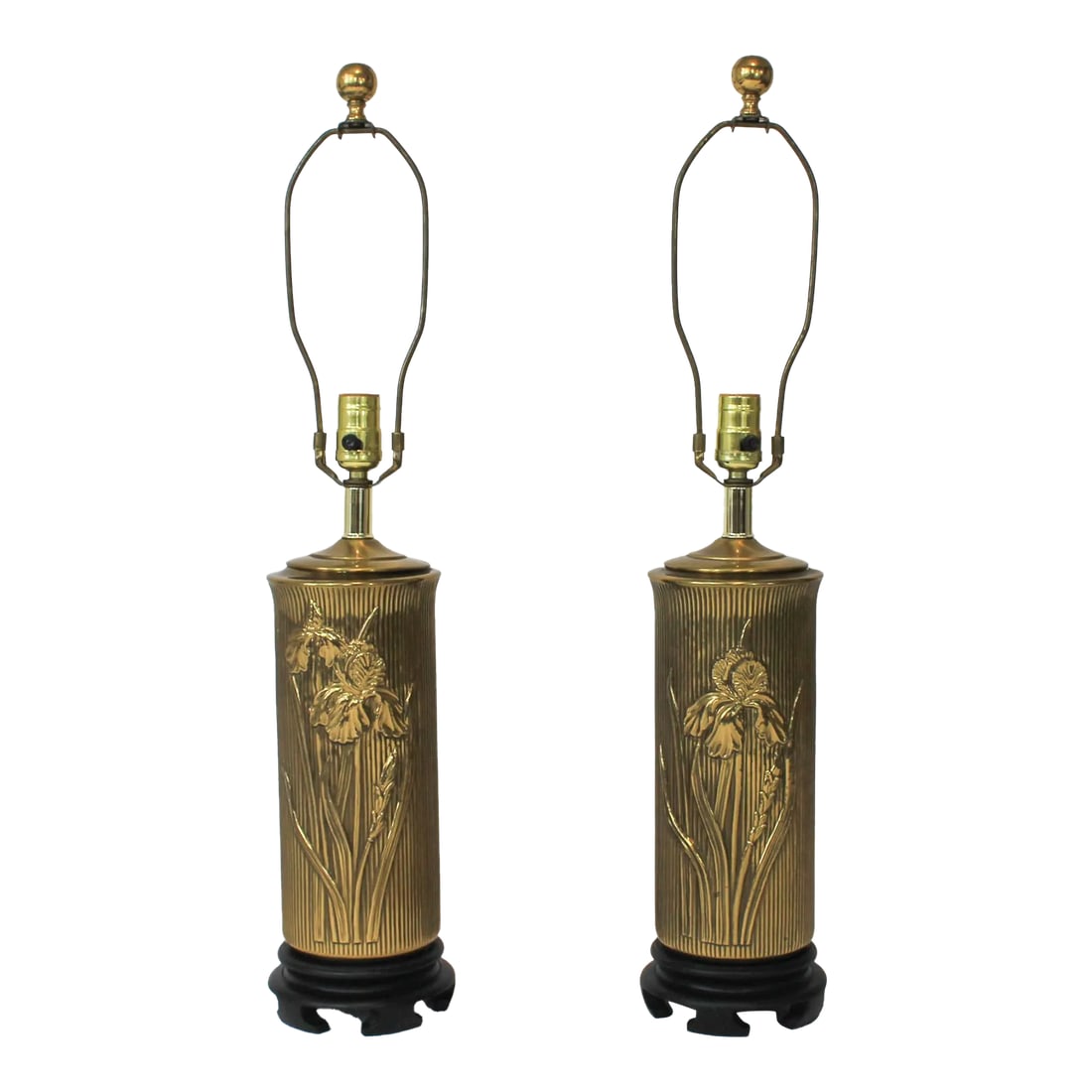 Vintage Brass Cylinder Floral Table Lamps - a Pair: Pair of vintage brass floral cylinder double sided table lamps with ribbed detail. Wired and in working order. Uses standard 60 watt bulb. Socket, 18"H. No makers mark. Some age wear. Small dent,