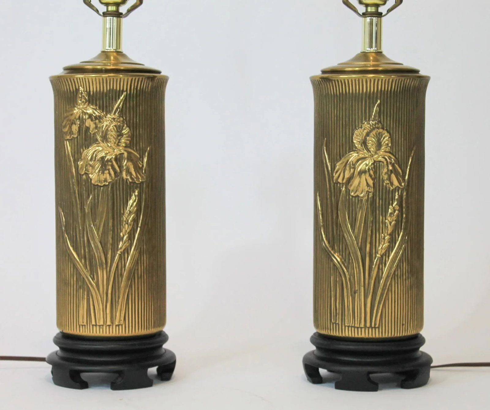 Vintage Brass Cylinder Floral Table Lamps - a Pair - 2