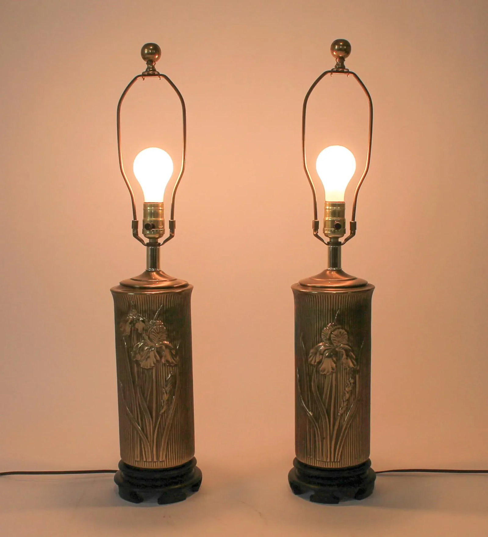 Vintage Brass Cylinder Floral Table Lamps - a Pair - 4