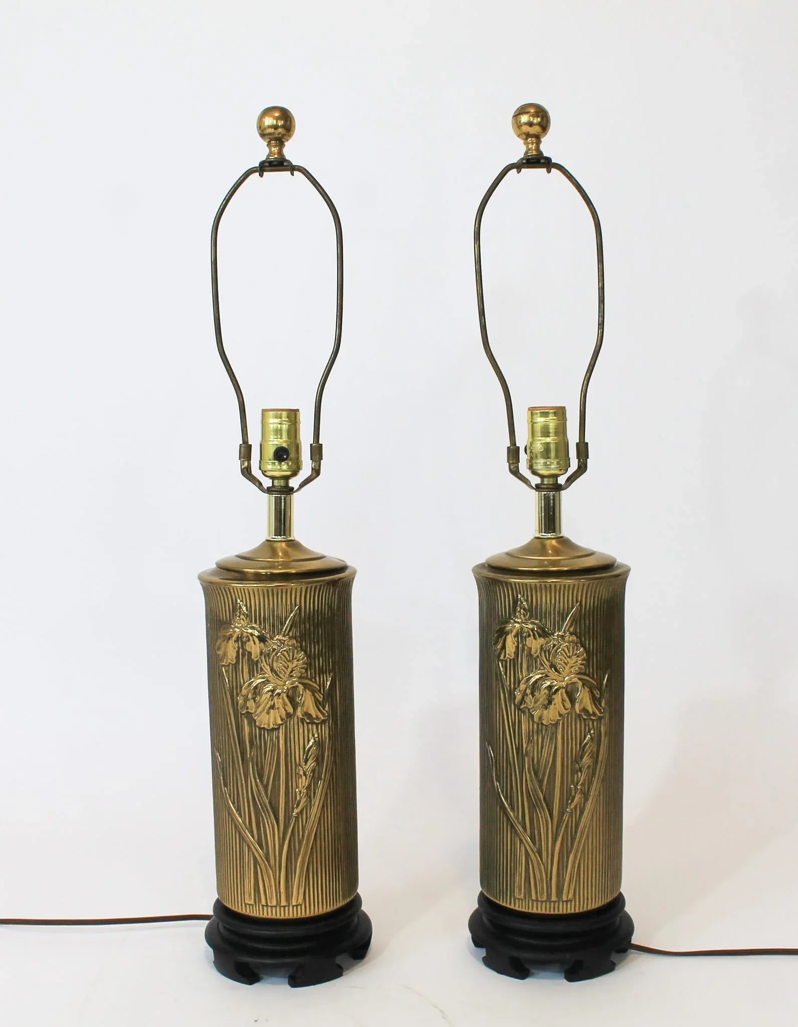 Vintage Brass Cylinder Floral Table Lamps - a Pair - 6
