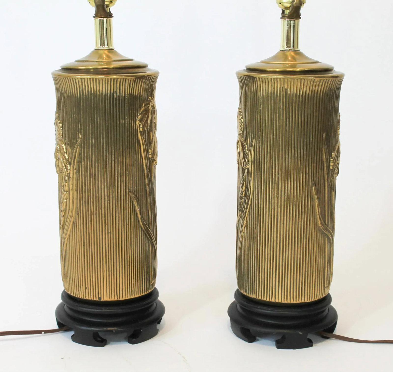 Vintage Brass Cylinder Floral Table Lamps - a Pair - 7