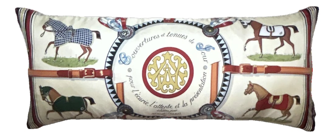 Hermes Couvertures Et Tenues Du Jour Ivory Multi Vintage Silk Scarf Lumbar Pillow: Vintage finds exclusively ours. Our vintage Hermes silk scarf pillows are sustainably sourced, locally made with a history and story to be told. One-of-a-kind pillows reimagined from the world's