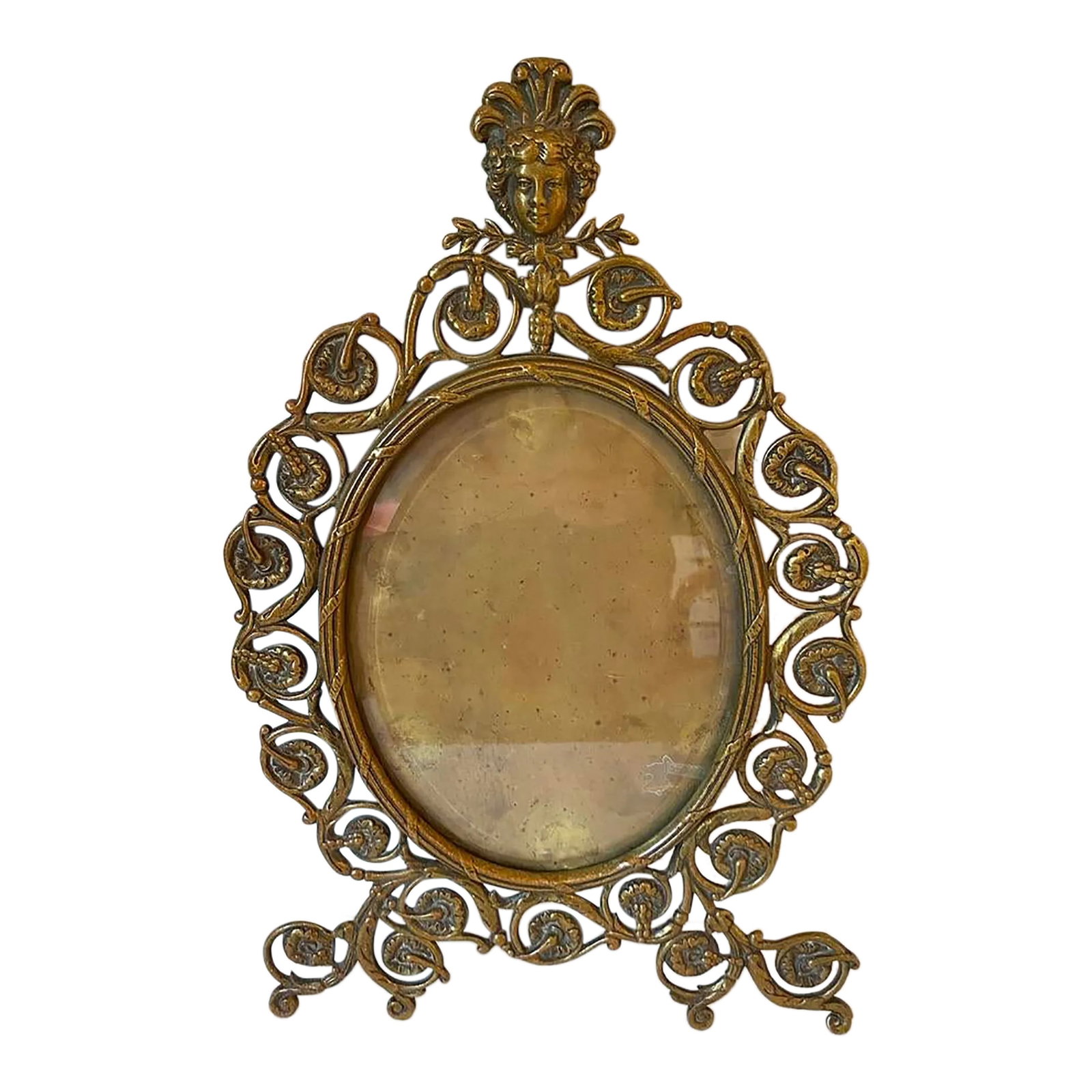 Late 19th Century Antique p.e. Guerin Brass Picture Frame With Beveled Glass: Large antique pierced brass American Rococo-style with Bacchus-like figure gracing the top of this beautiful frame. The frame originally had a brass stand connected and while that piece is gone, it st