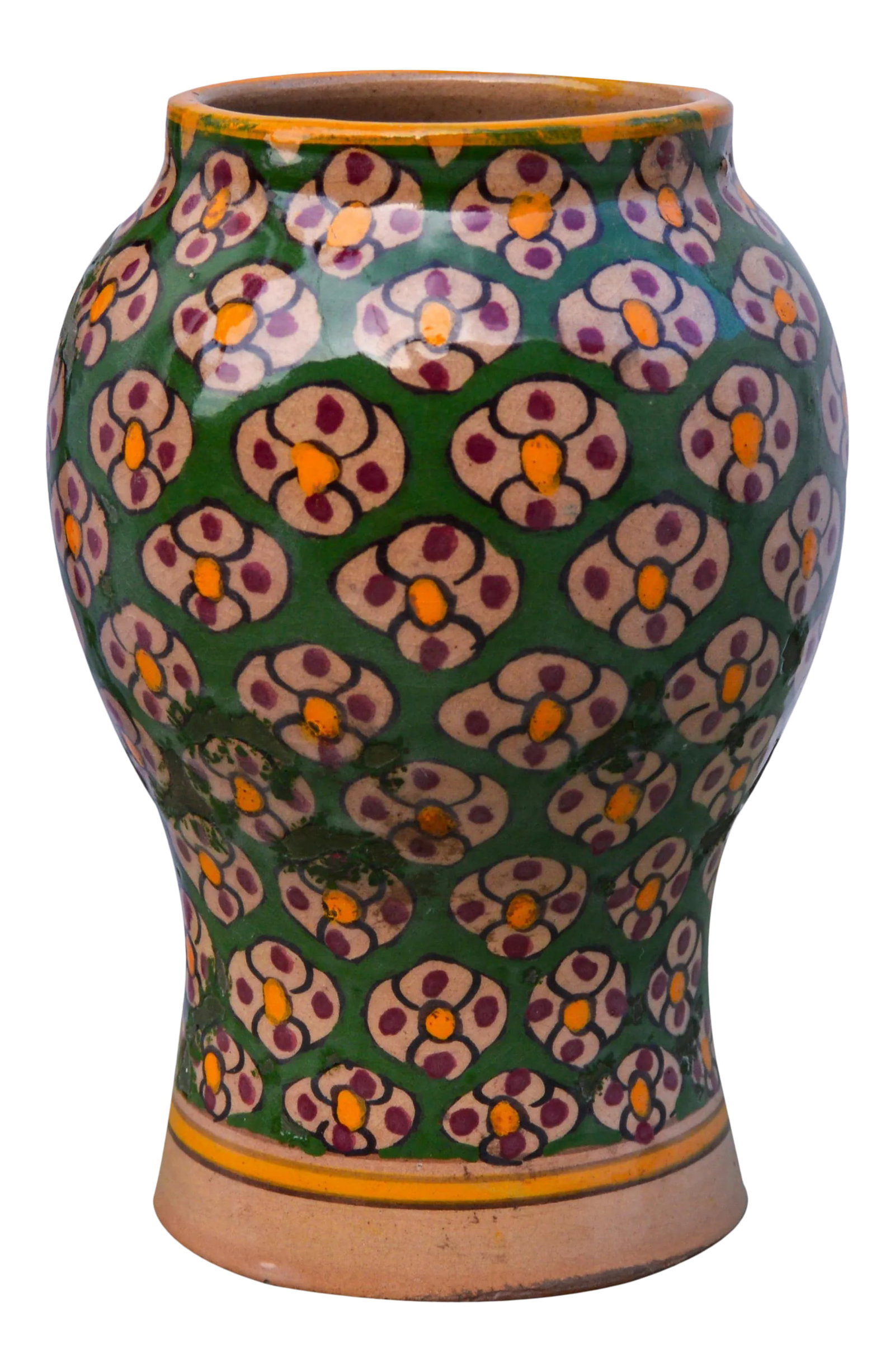 Moorish Ceramic Vase: Antique handcrafted ceramic vase from Fez, Morocco with an ornate hand-painted Moorish pattern in orange and green. No maker's mark. This gorgeous accent ships within 1-2 business days from purchase,