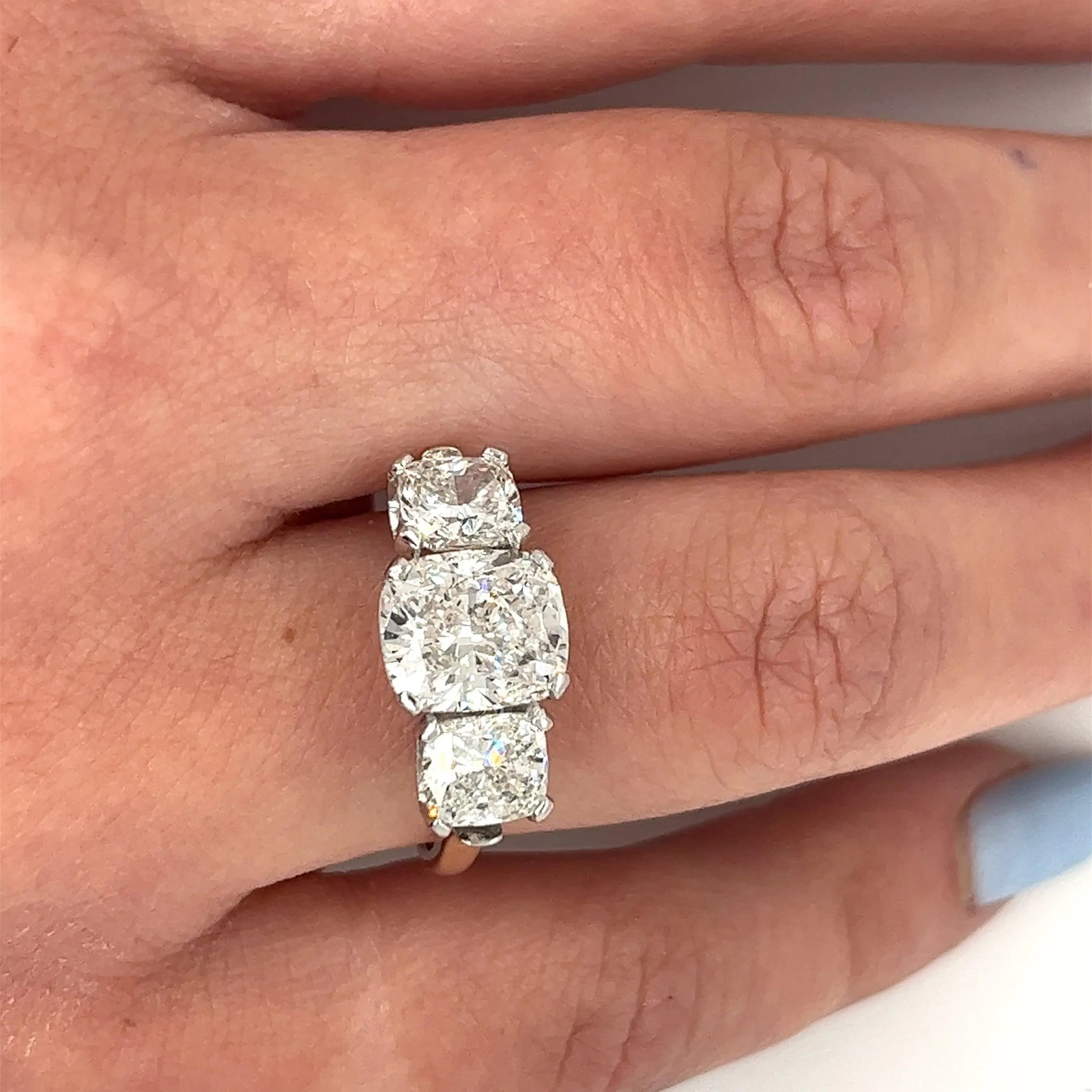 Mid 20th Century 4.83 Carat Cushion Cut 3-Stone Lab Grown Diamond Ring in 14k Gold and Platinum Size - 2