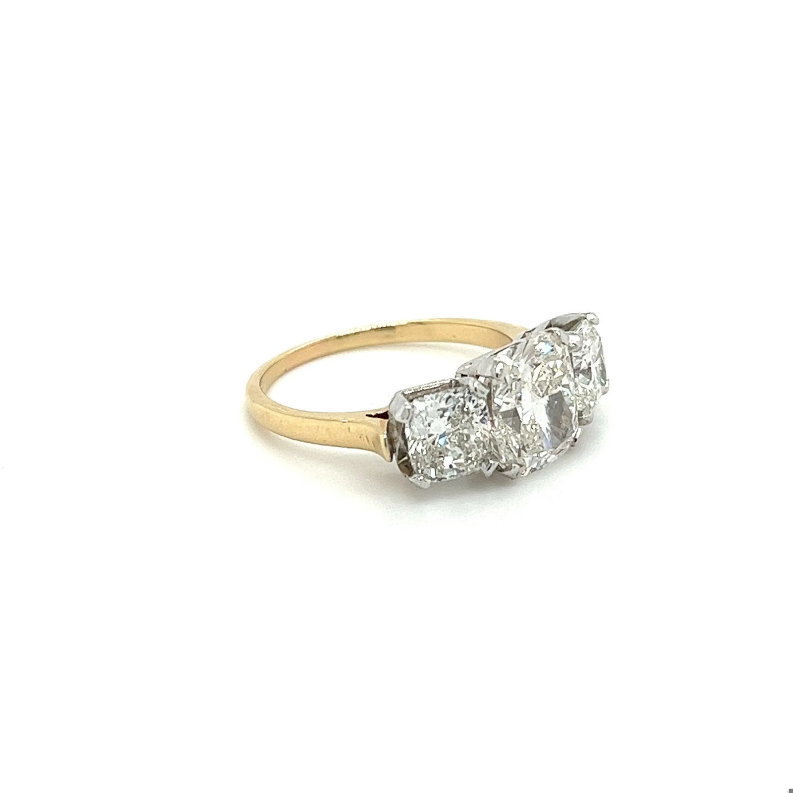 Mid 20th Century 4.83 Carat Cushion Cut 3-Stone Lab Grown Diamond Ring in 14k Gold and Platinum Size - 4