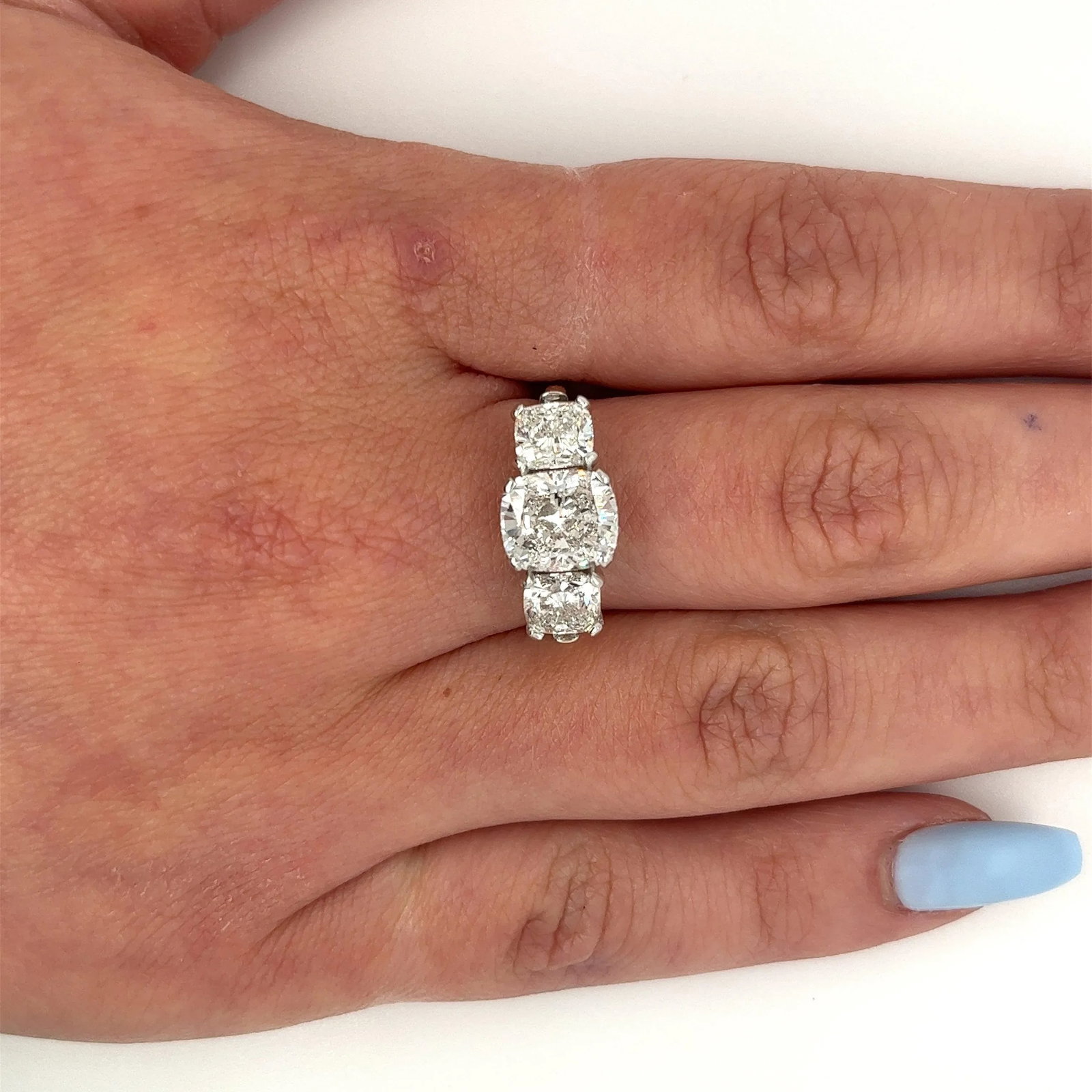 Mid 20th Century 4.83 Carat Cushion Cut 3-Stone Lab Grown Diamond Ring in 14k Gold and Platinum Size - 6