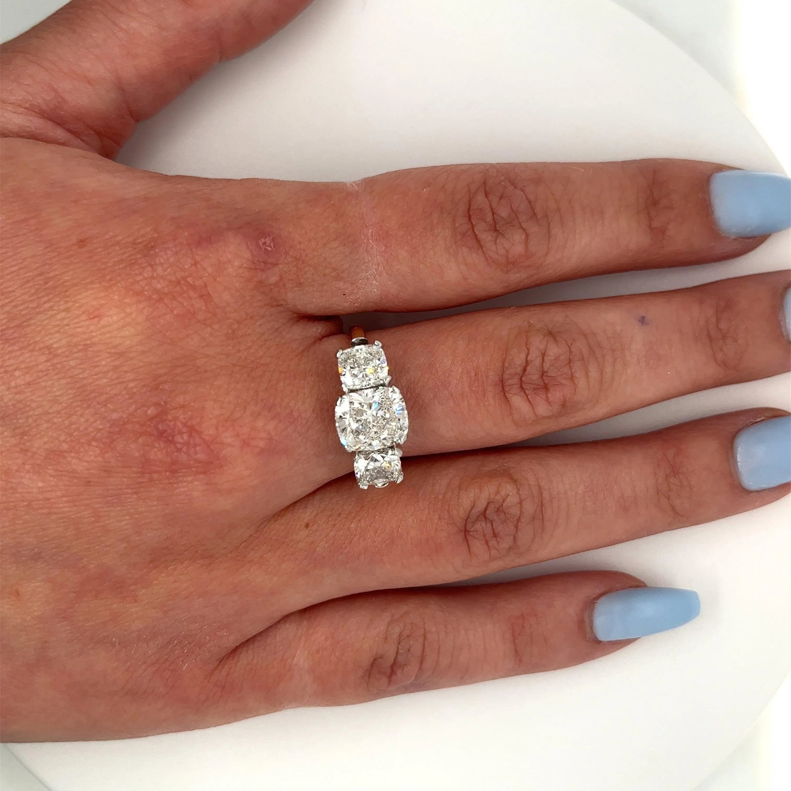 Mid 20th Century 4.83 Carat Cushion Cut 3-Stone Lab Grown Diamond Ring in 14k Gold and Platinum Size - 7