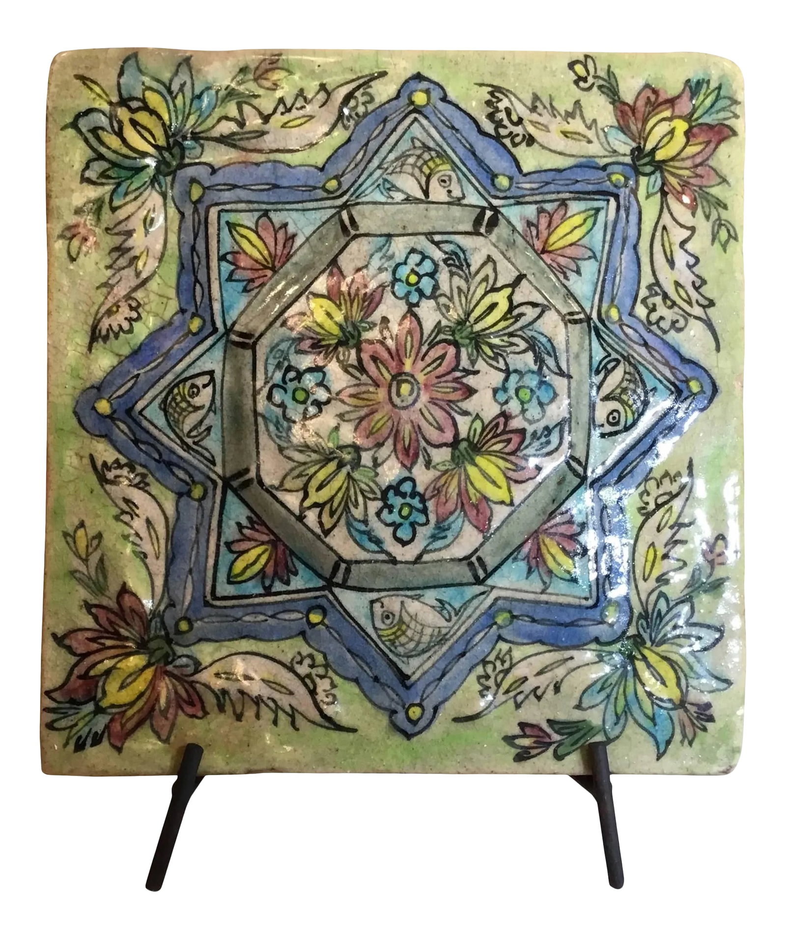 Vintage Ceramic Persian Tile: Exceptional Persian tile all hand-painted and glazed, with beautiful colors of geometric and floral motifs painted on a lime green background. Great decorative tile display. steel display piece is