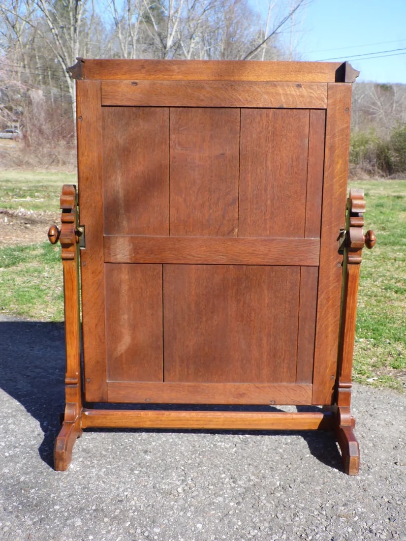 Antique Heavy Oak Wood Frame Free Standing Swivel Cheval Mirror on Stand - 12