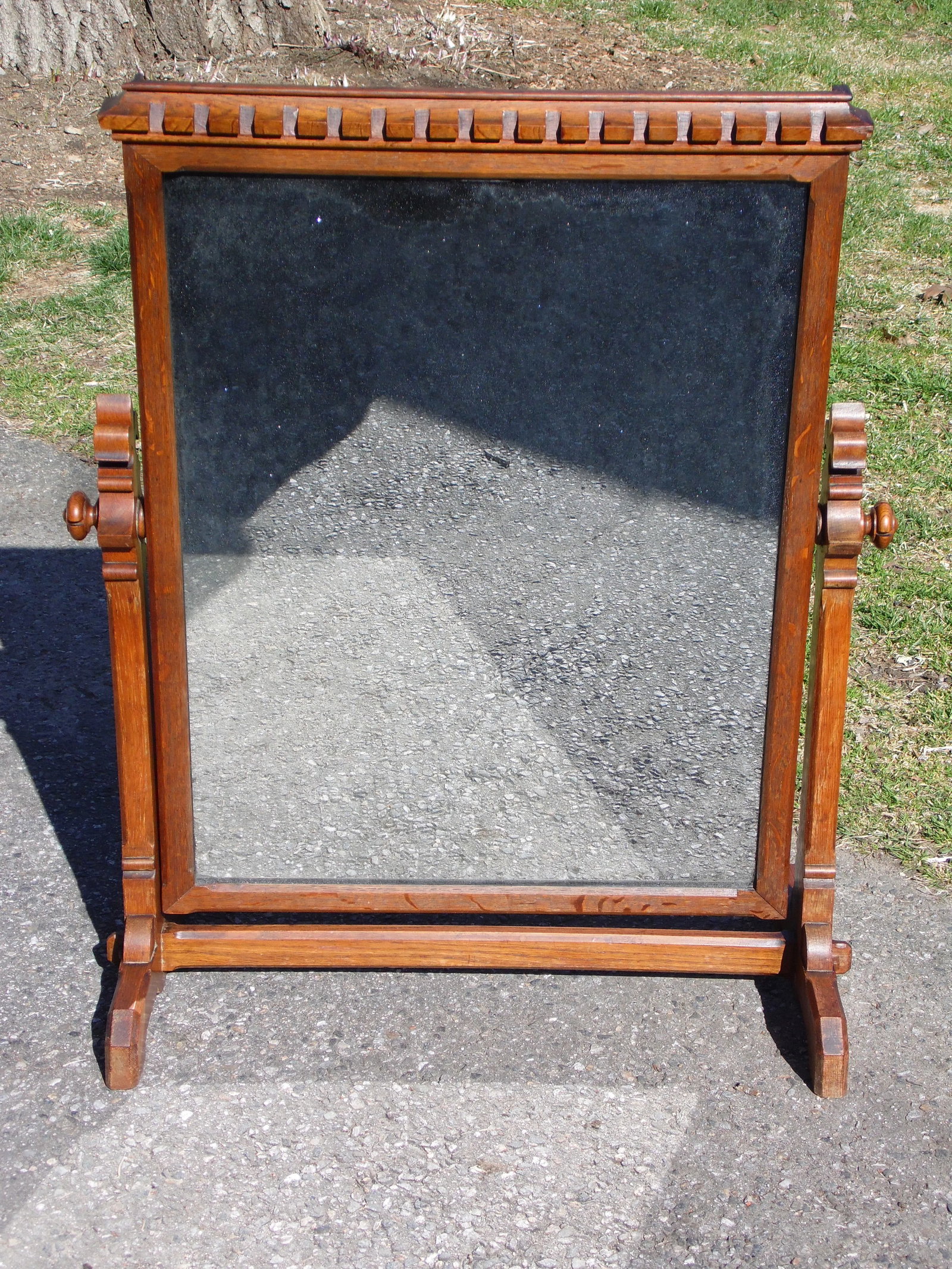 Antique Heavy Oak Wood Frame Free Standing Swivel Cheval Mirror on Stand - 2
