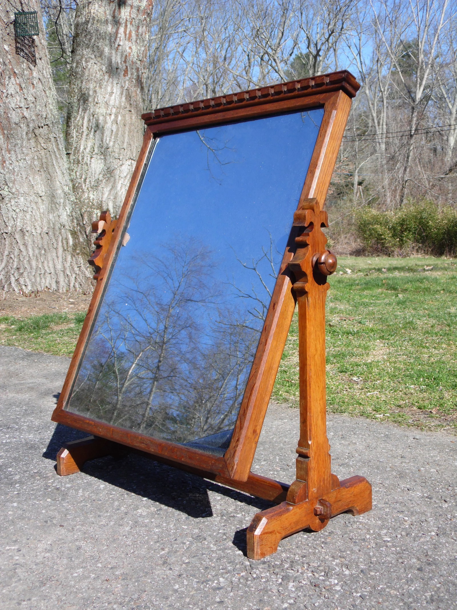 Antique Heavy Oak Wood Frame Free Standing Swivel Cheval Mirror on Stand - 3