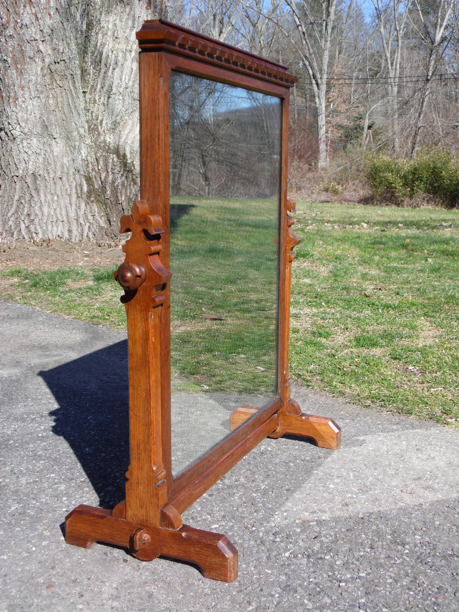 Antique Heavy Oak Wood Frame Free Standing Swivel Cheval Mirror on Stand - 4