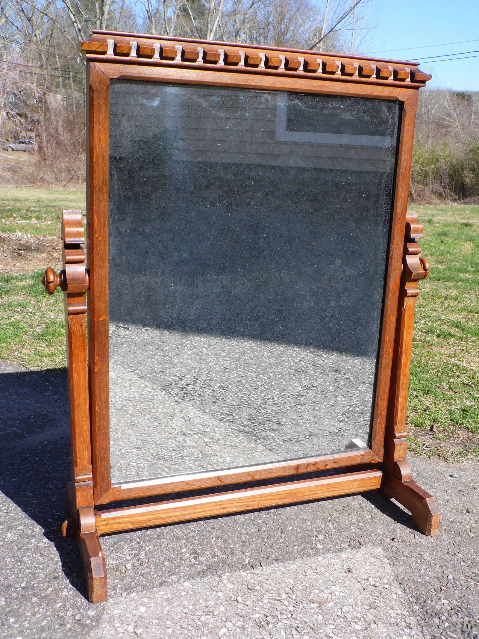 Antique Heavy Oak Wood Frame Free Standing Swivel Cheval Mirror on Stand - 6