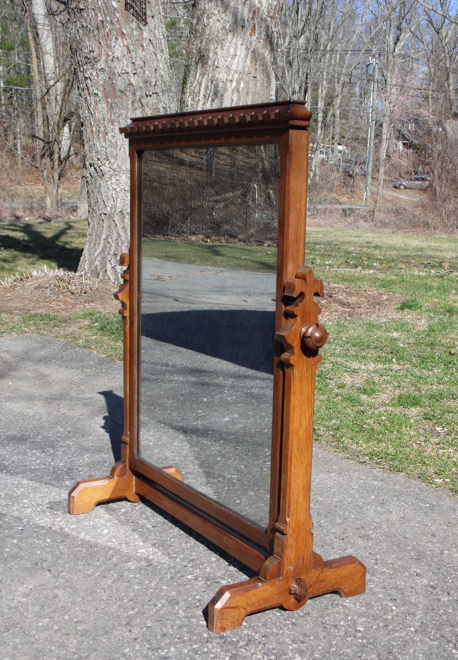Antique Heavy Oak Wood Frame Free Standing Swivel Cheval Mirror on Stand - 7