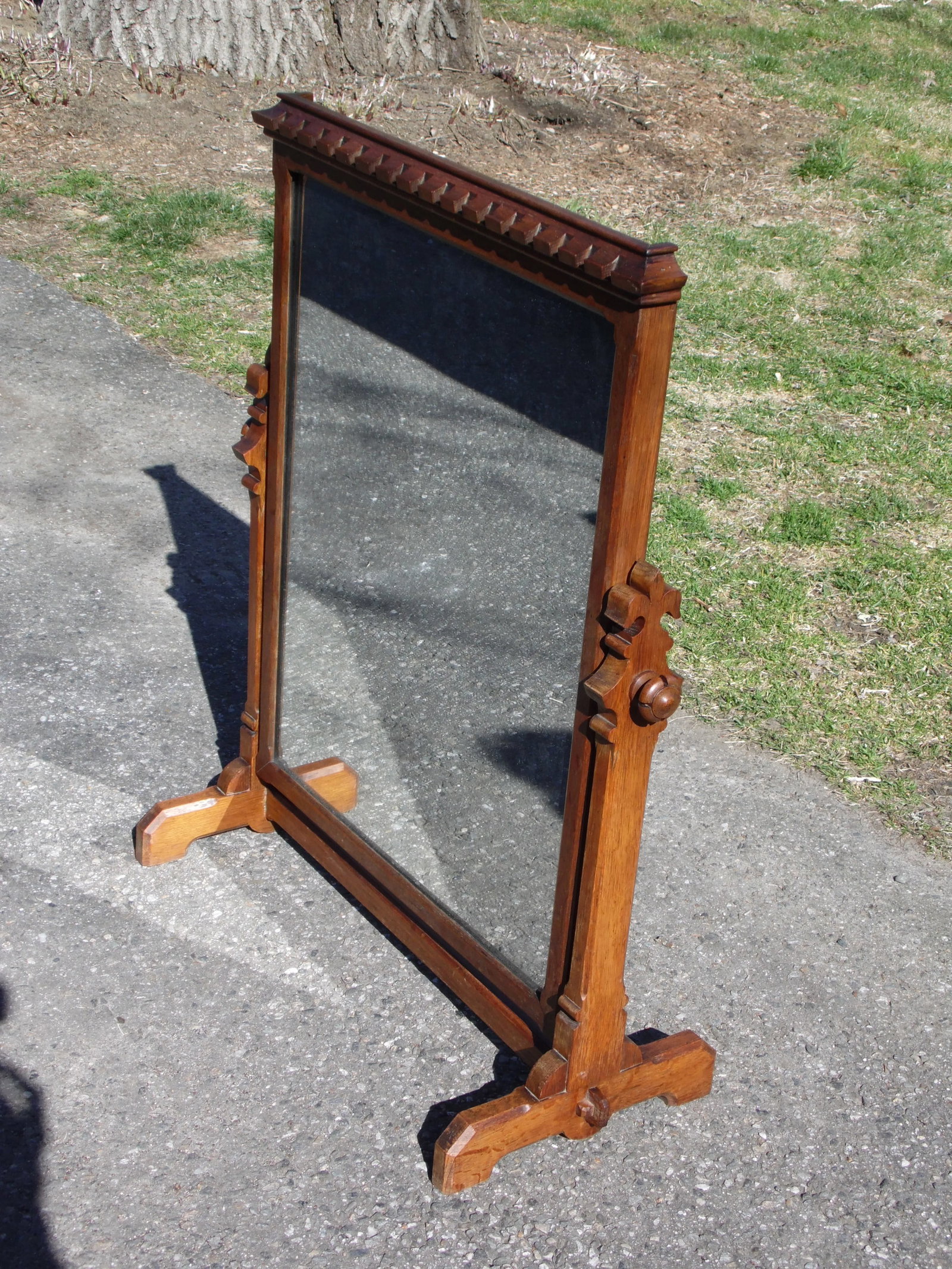 Antique Heavy Oak Wood Frame Free Standing Swivel Cheval Mirror on Stand - 9