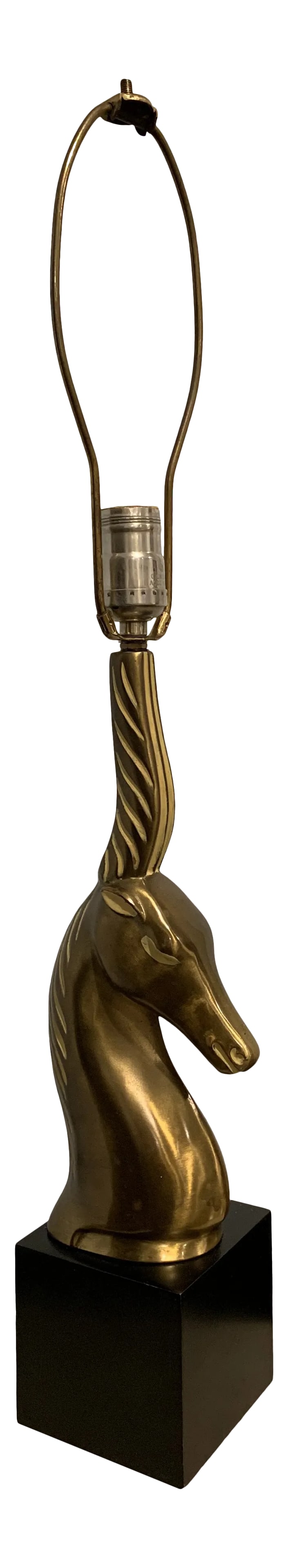 Mid 20th Century Brass Gazelle Table Lamp: Unique and stately mid-century brass horned animal lamp with highlighted details. (Is it a Gazelle? Antelope? Ibex?). Shade is not included. 29" high to top of finial Brass figure alone is 12" Black b