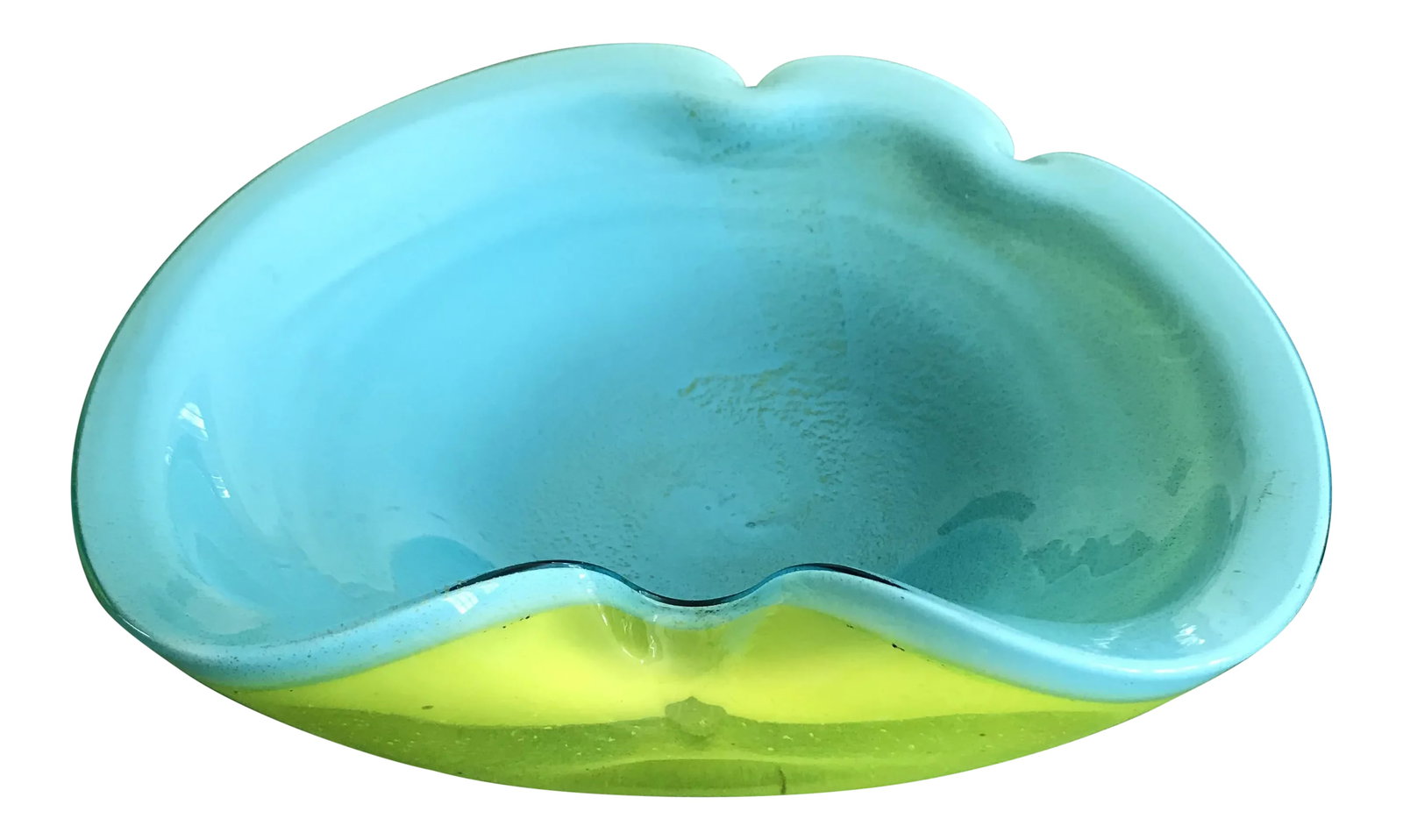 Alfredo Barbini Aqua and Chartreuse Murano Glass Bowl: This is a large beautiful glass bowl with a blue interior With gold flecks and a chartreuse /yellow exterior. It is hand blown by Alfredo Barbini for the Seguso studio on the island of Murano, Venice 