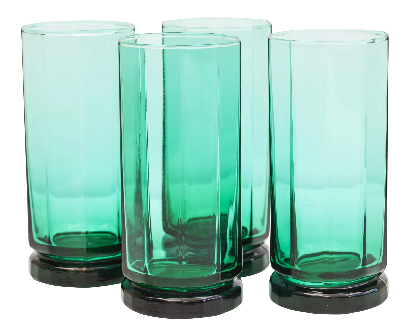 Mid 20th Century Green Tall Glass Tumblers- S/4: Stunning set of 4 vintage green glasses with intricate design and ornate base and structure. No maker's mark. This beautiful accent ships within 1-2 business days from purchase, and to be received