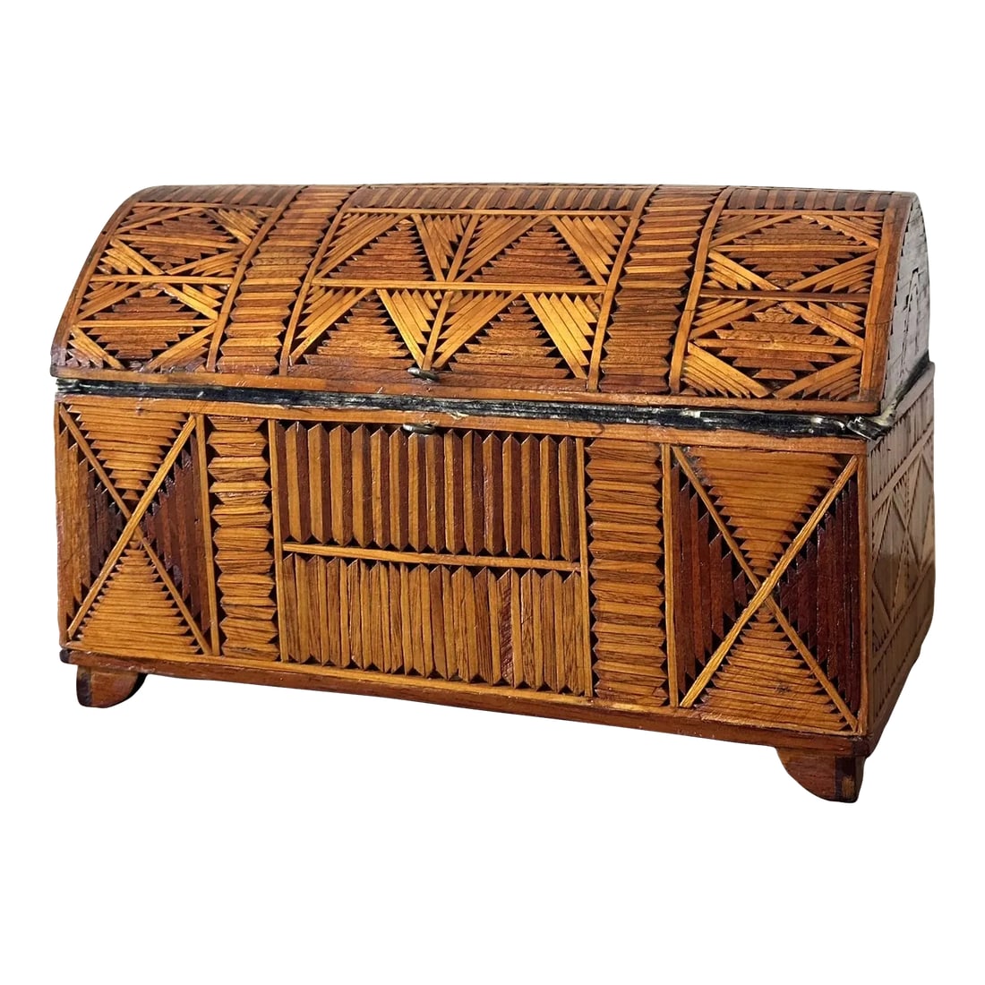 Vintage Tramp Art Trinket Box of Match-Sticks in Bold Geometric Pattern: Vintage Tramp Art Trinket Box of Match-Sticks in Bold Geometric Pattern, lined in velvet with mirror. Measures approx: 7H x 10.5 x 6 Please visit my other listings for more curated treasures. Conditio