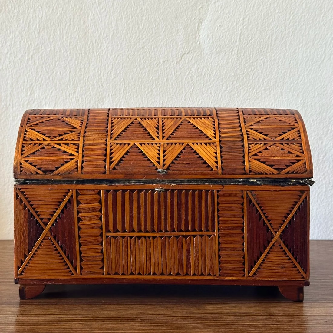 Vintage Tramp Art Trinket Box of Match-Sticks in Bold Geometric Pattern - 2