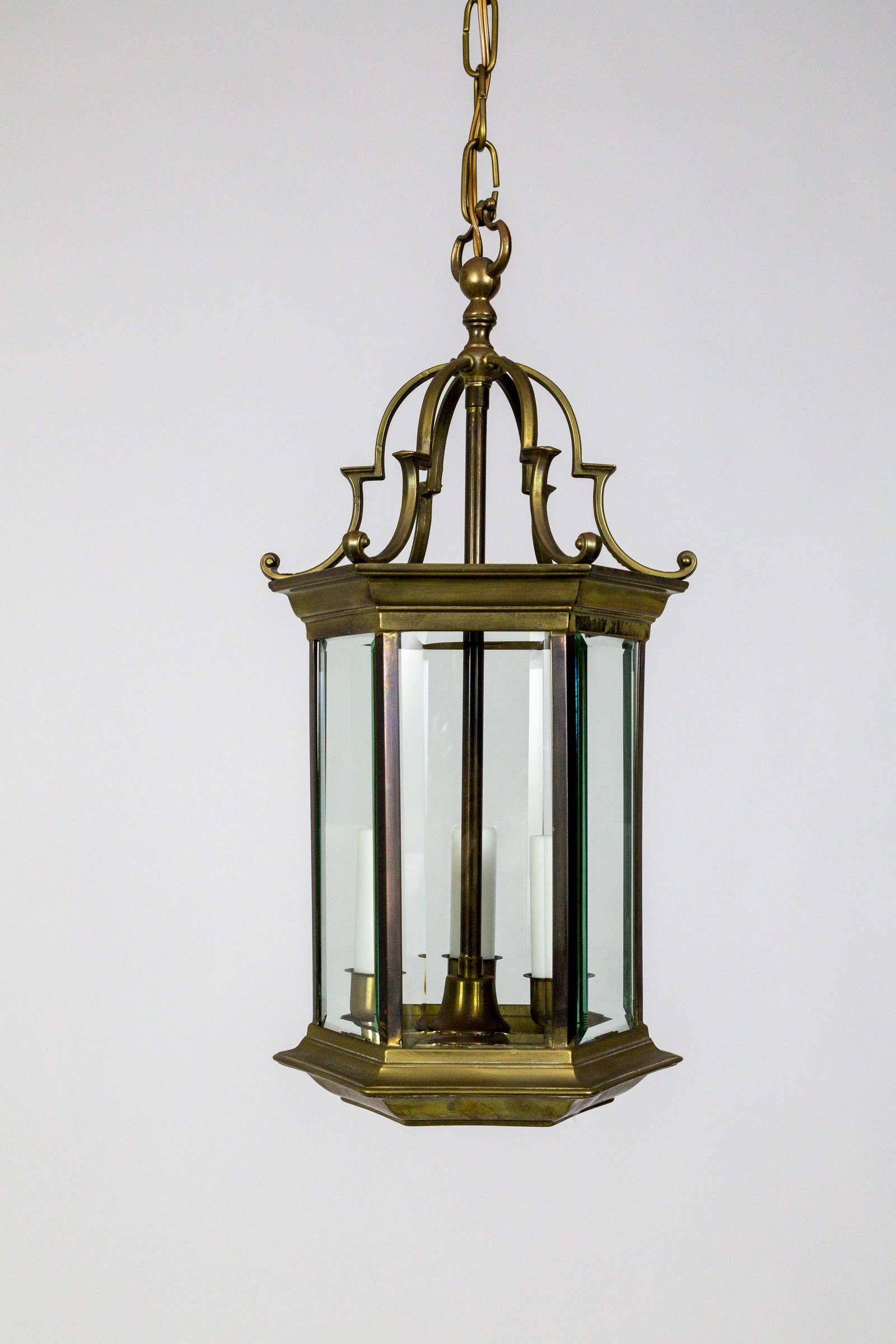 Mid-Century Italian Pagoda-Esque Bronze & Beveled Glass Lantern - 4