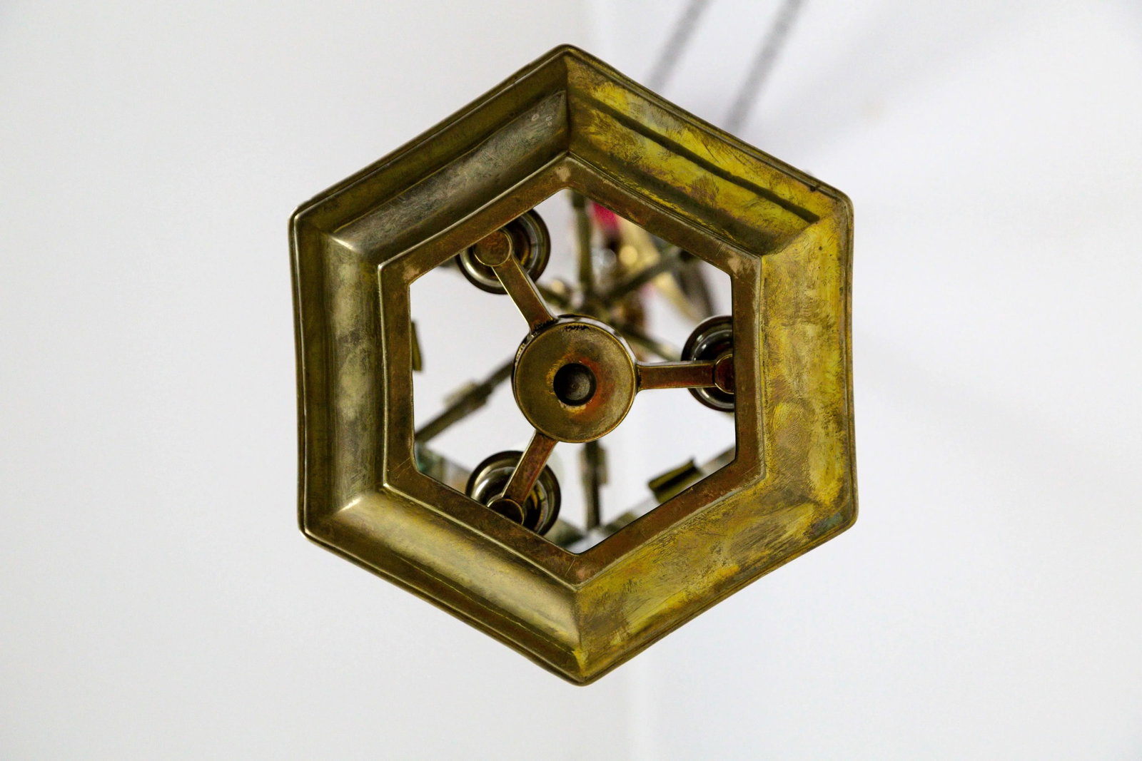 Mid-Century Italian Pagoda-Esque Bronze & Beveled Glass Lantern - 7