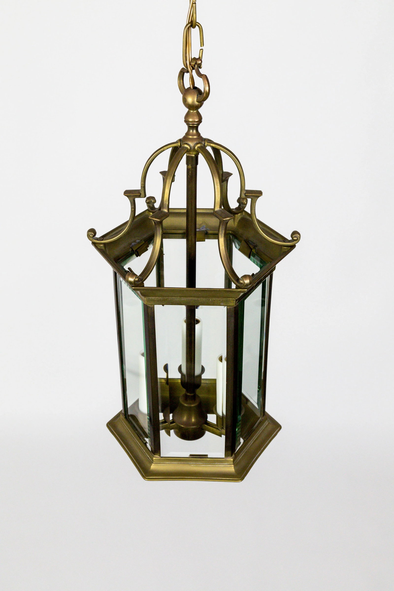 Mid-Century Italian Pagoda-Esque Bronze & Beveled Glass Lantern - 9