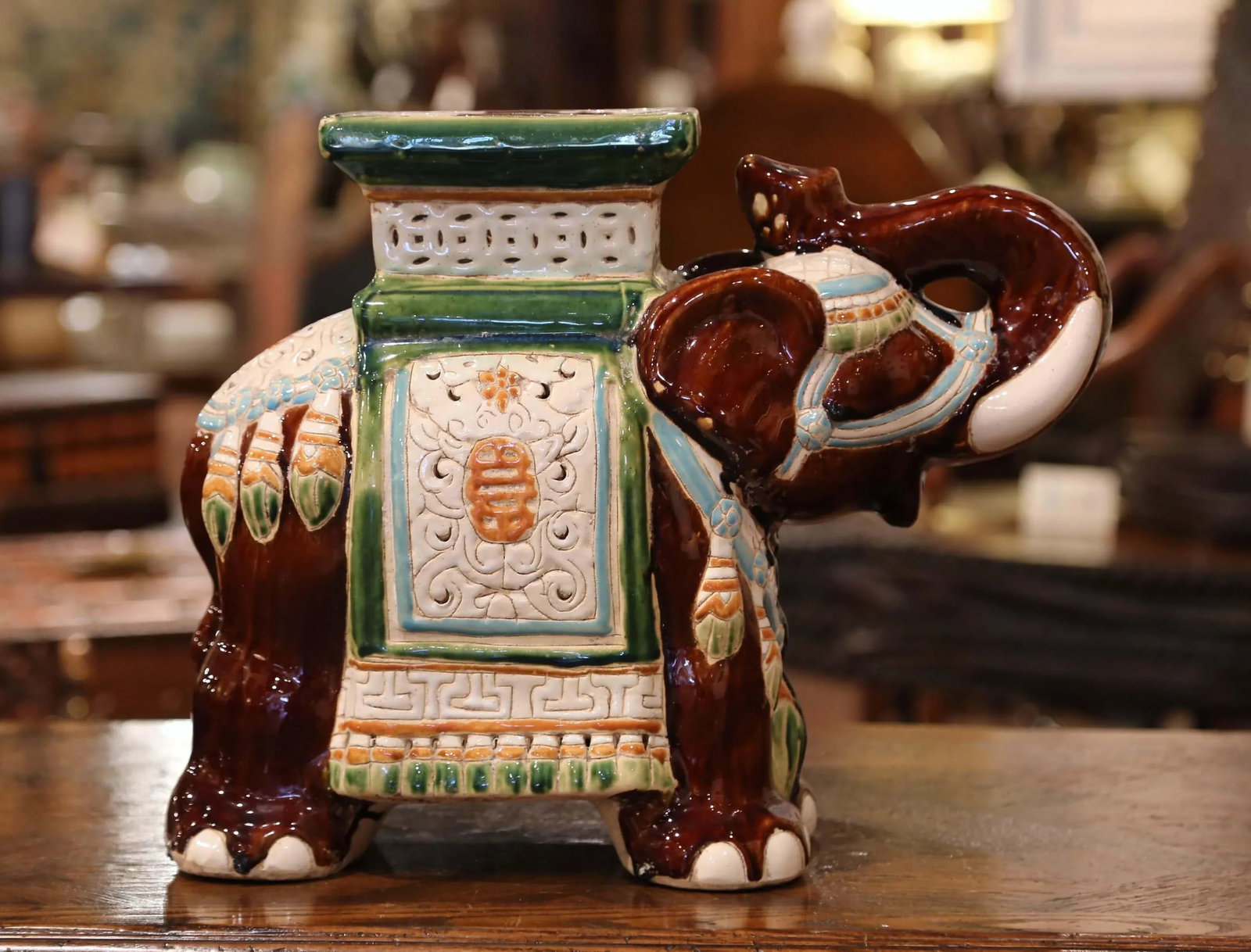 Mid-20th Century Hand Painted Faience Elephant Garden Seat - 2