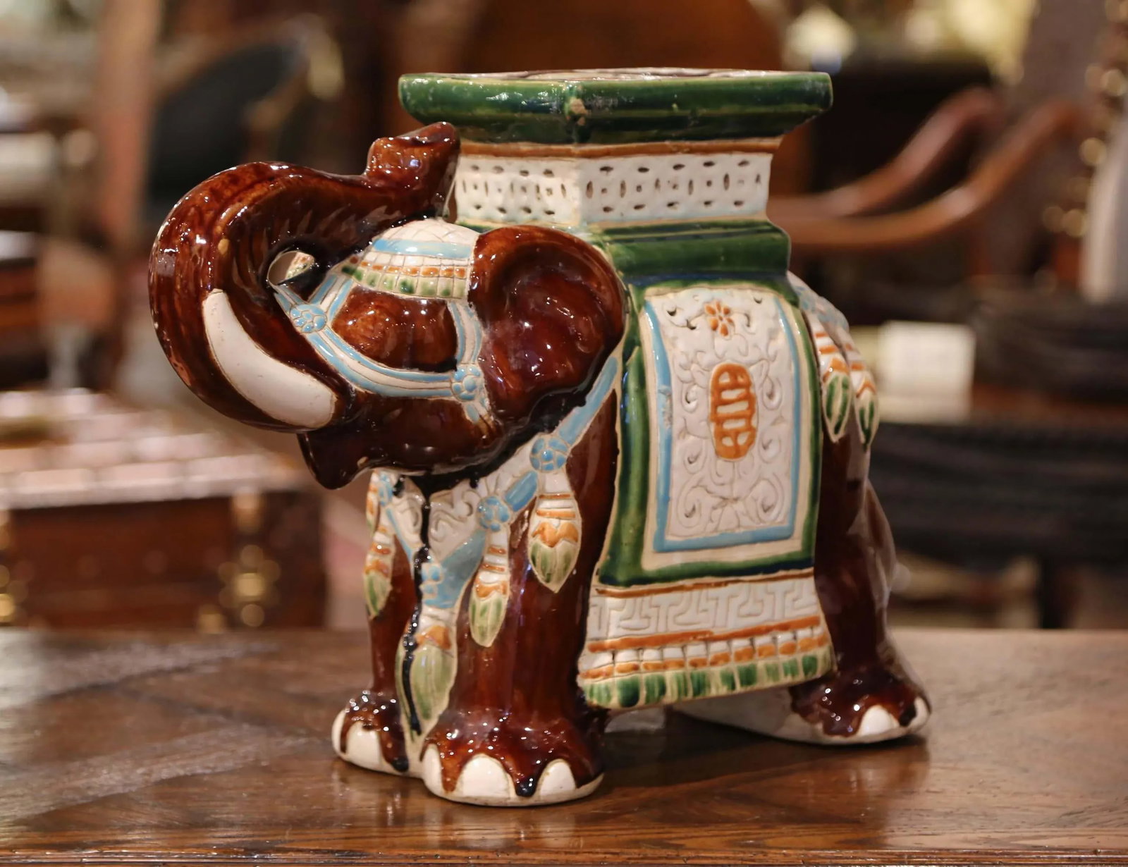 Mid-20th Century Hand Painted Faience Elephant Garden Seat - 3