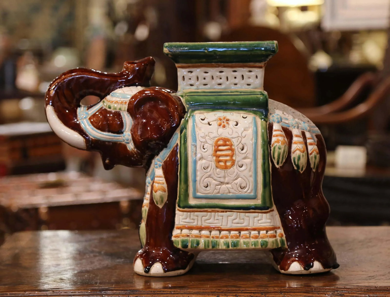Mid-20th Century Hand Painted Faience Elephant Garden Seat - 4