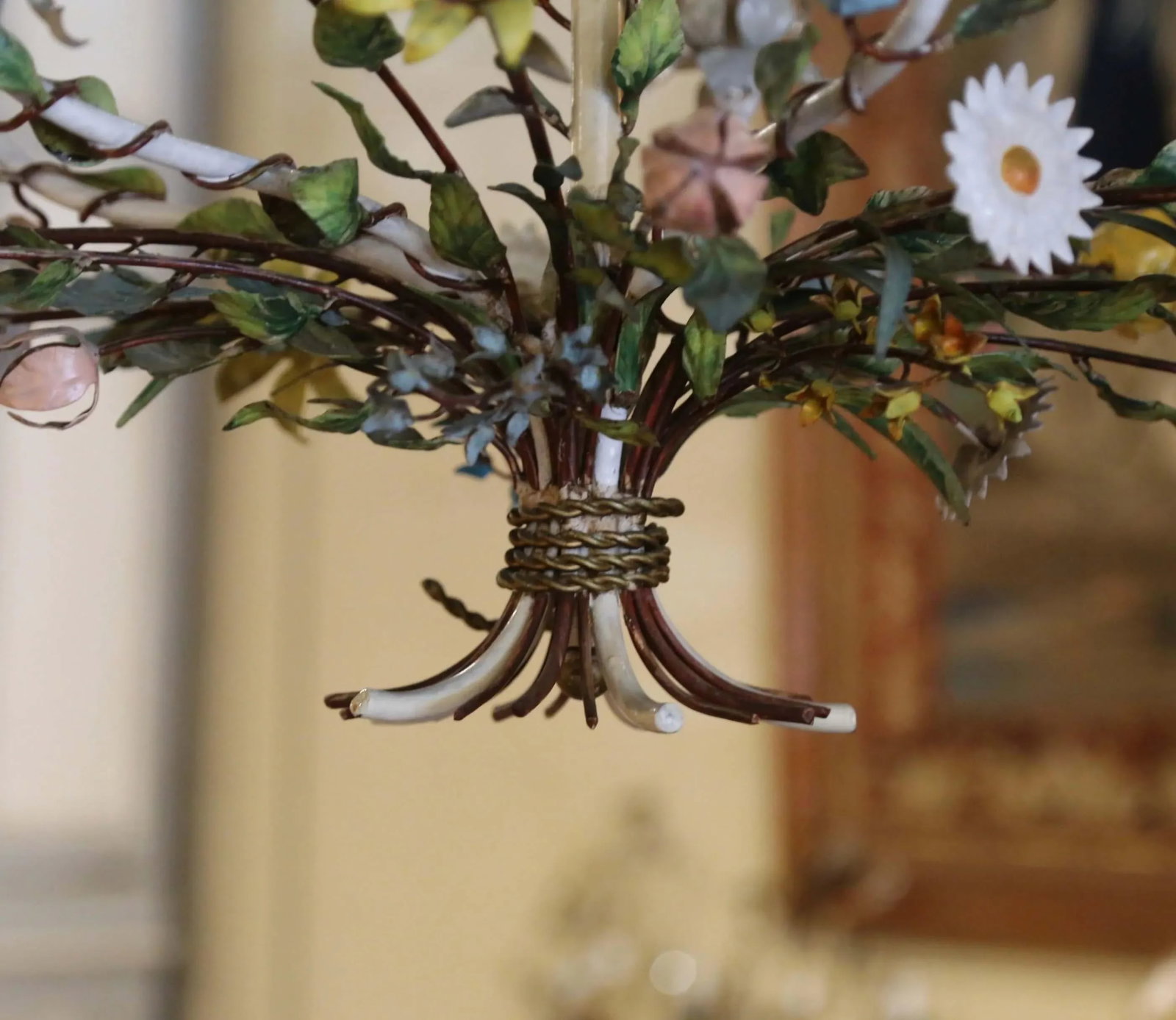 Early 20th Century French Metal and Painted Floral Five-Light Chandelier - 11