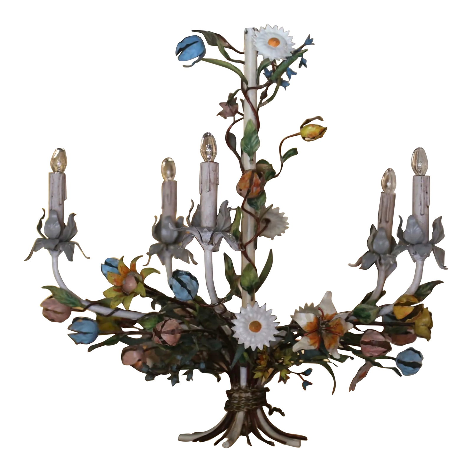 Early 20th Century French Metal and Painted Floral Five-Light Chandelier: Decorate a girl's room or powder room with this elegant and feminine light fixture. Crafted in France circa 1920, and round in shape, the antique chandelier with a white central frame is decorated