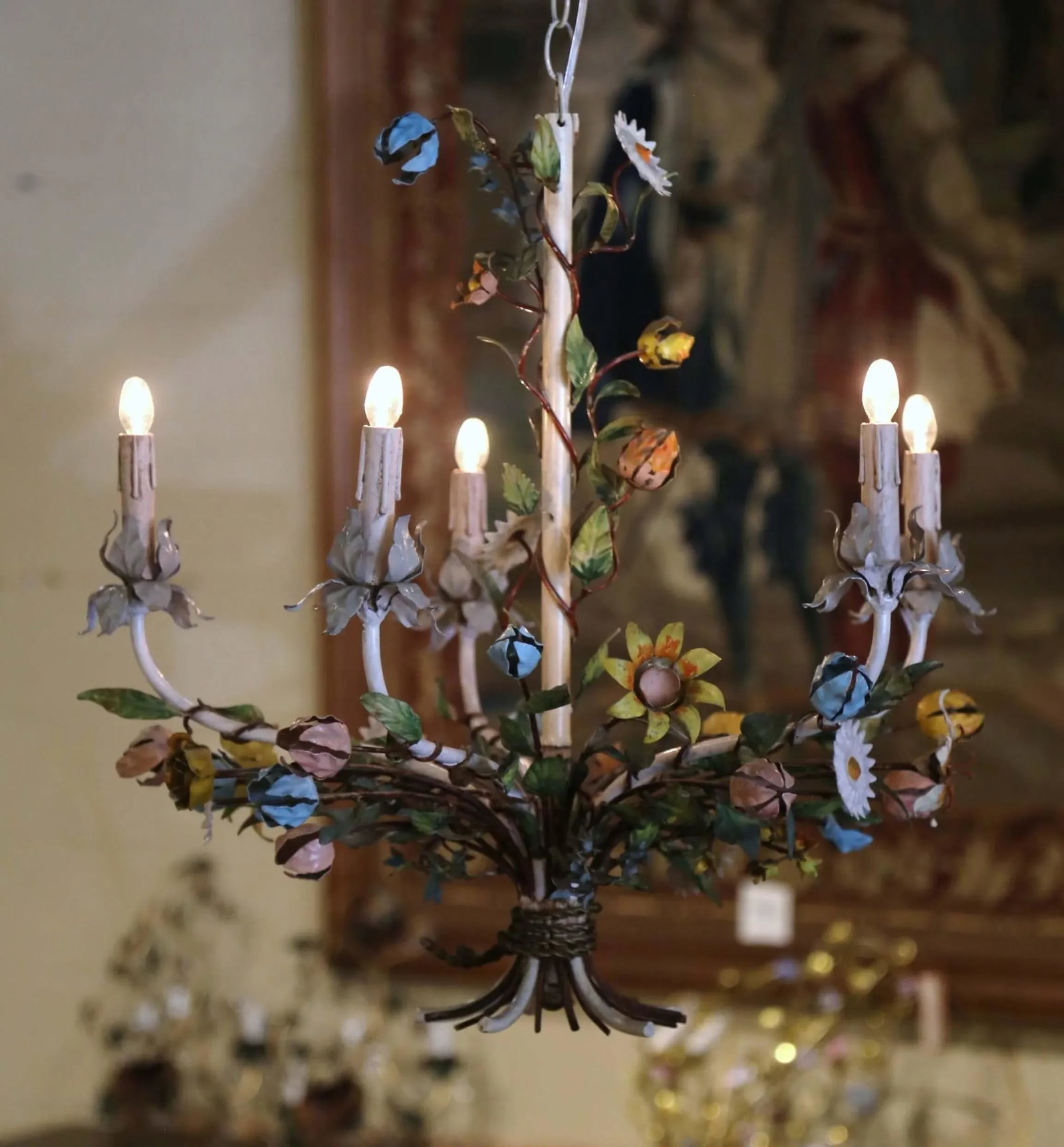 Early 20th Century French Metal and Painted Floral Five-Light Chandelier - 2