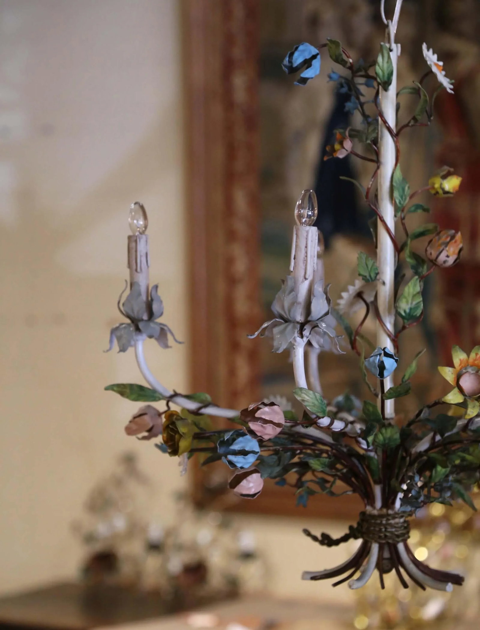 Early 20th Century French Metal and Painted Floral Five-Light Chandelier - 3