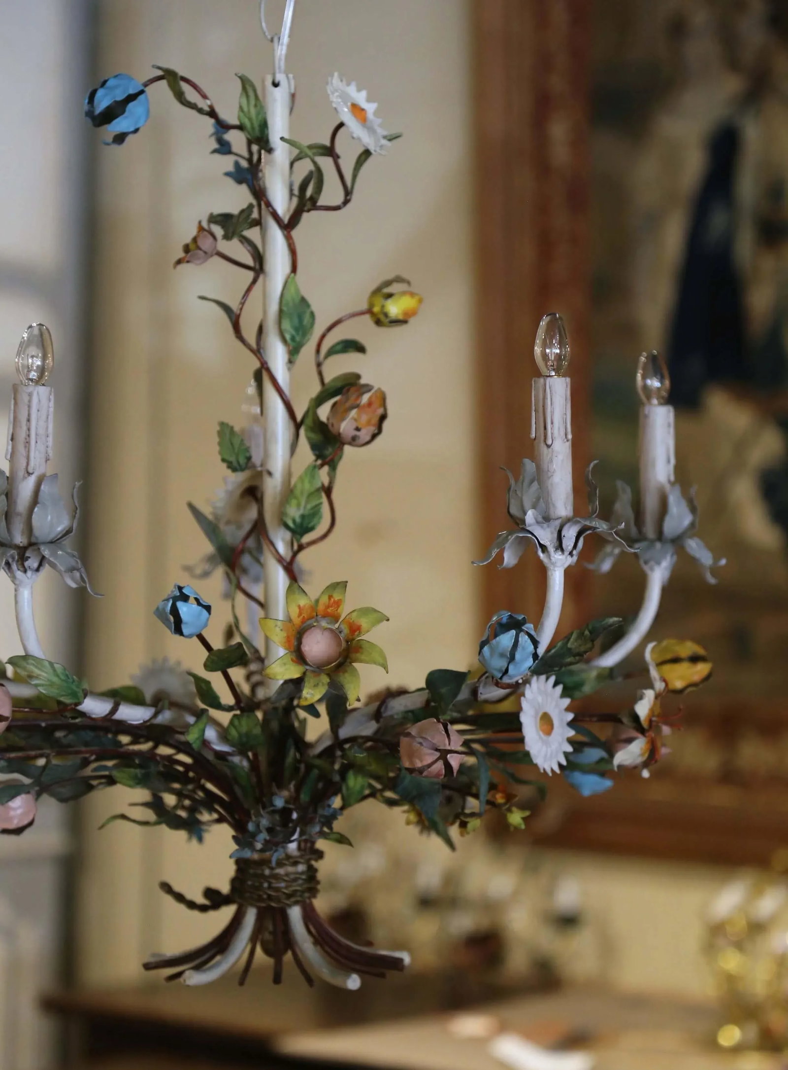 Early 20th Century French Metal and Painted Floral Five-Light Chandelier - 4